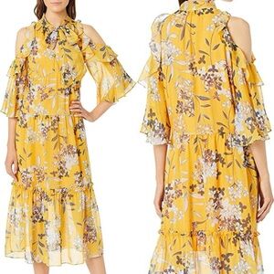 Shoshanna Elena Cold Shoulder Yellow Silk Floral Maxi Dress Size 8